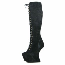 JEFFREY CAMPBELL 5 6 BLACK SUEDE LACE-UP WALK-TALL HEEL-LESS BOOTS JOE STEVIE