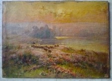 Edouard PAIL : hst , "Berger et son troupeau dans la bruyère, Nièvre", signé