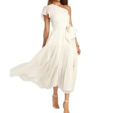 Shining Sight Midi Dress S White Metallic Gold Dotted One Shoulder Fairy