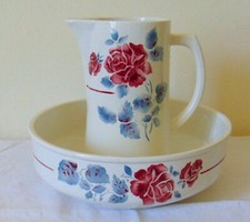 NECESSAIRE TOILETTE BROC VASQUE FAIENCE DIGOIN SARREGUEMINES DECOR DE ROSES JUIN