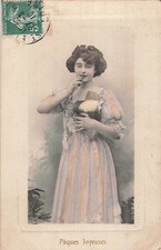 CP PAQUES FEMME ELEGANTE PANIER OEUF - 37051