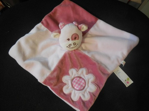 Doudou plat vache - rose, brodé