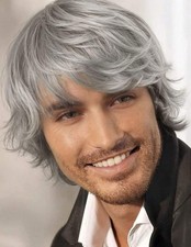 Perruque Homme Synthétique Gris Cheveux Lisses Frange Sur Le Côté +1 Bonnet