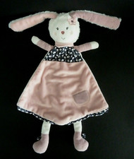 56. DOUDOU PLAT SAUTHON Baby Déco LAPIN BLANC ROSE BLEU MARINE POCHE FLEUR TTBE