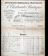 PARIS (VIII°) LUMIERE SONNERIE TELEPHONE "L'ELECTRICITE PRATIQUE" Facture en1914