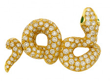 Bague  Serpent haute joaillerie or jaune diamants émeraudes deux doigts