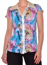 chemisier ajusté manches courtes taille M multicolore col blanc satiné en coton