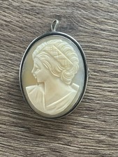 Ancienne broche pendentif camée en coquillage argent massif émaillé