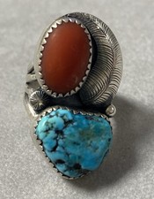 Bague argent Navajo Turquoise corail bague argent massif indien Navajo ring T53