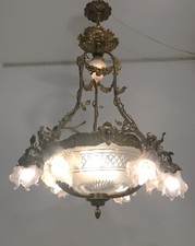 Grand Lustre Cage Bronze, Laiton, Cristal Et Verres