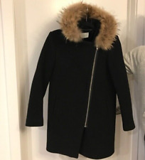 SANDRO MANTEAU LAINE NOIR EPAIS A CAPUCHE EN FOURRURE RACOON T. 38