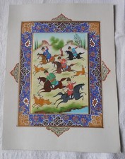ANCIENNE GOUACHE PERSE SUR OS CAVALIERS EN CHASSE
