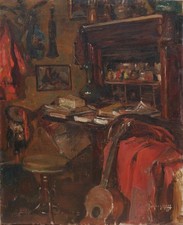 Intérieur d'artiste 1923,masque guitare.Jacques MAES (1905-1968).musique,théâtre