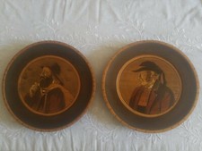 French Wooden Pyrographic Plates Set of 2 Signed