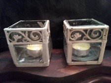 LOT de 2 BOUGEOIRS PHOTOPHORES  en VERRE + ACIER fonte 10  x 10 X 11,5cm en TBE
