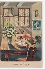 CPA Fantaisie JOYEUSES PAQUES Coq sur Table & Oeufs. Vase avec PERCE-NEIGE 1910
