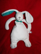 Doudou Peluche AUBY Chien ou Lapin Blanc et Bleu Noeud Papillon NEUF