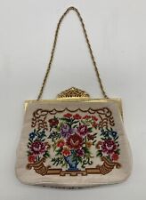 Vintage Sac De Soirée Antique Petit Point Broderie Fleurs Décor Tapisserie N°1