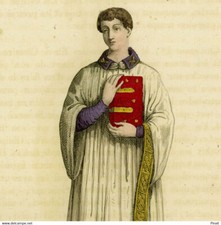 Costume de Prêtre Epoque Clotaire Ier - Gravure originale aquarelle XIXe