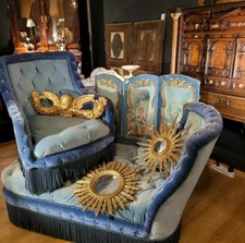 Ensemble Méridienne Et Fauteuil Velours Bleu Capitonné Époque Napoléon III