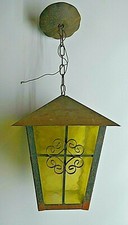 ANCIENE LANTERNE D EXTERIEUR VITRAIL JAUNE FER FORGE LAMPE APPLIQUE SUSPENSION 