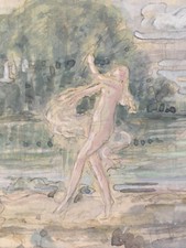 Peinture Aquarelle Signé Guidetti Tampon Atelier Scène Bucolique Femme