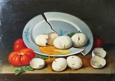 Georges Binet (1865-1949) Nature morte tomates & oeufs superbe lumière 23x33cm