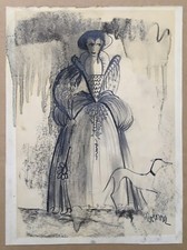 Dessin Original Guy Colomer Portrait Femme Costume Théâtre Robe Médiévale Chien
