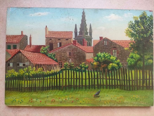 Tableau peint sur bois - , signé