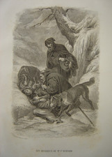 Gravure des religieux du Mont Saint Bernard Moines Aide Secours Victime c1850