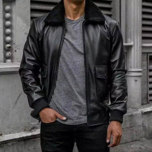 Veste cuir col fourrure - veste, à