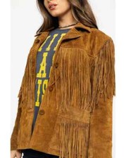 Veste En Suède Marron Clair Pour Femme Avec Franges - Style Cowgirl Western
