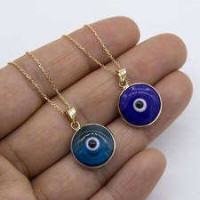 Pendentif Œil Malin Brillant Collier Réel En Or Jaune 14K Toutes Tailles