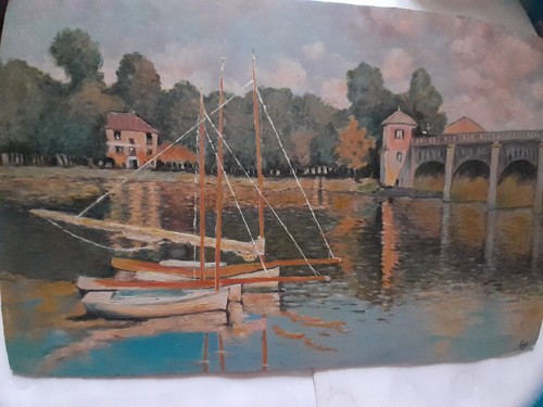Tableau huile panneau pont - le,