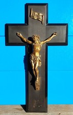 GRAND CRUCIFIX ANCIEN XIXEME BRONZE DORÉ SUR CROIX BOIS NOIRCI 40 X 22 cm