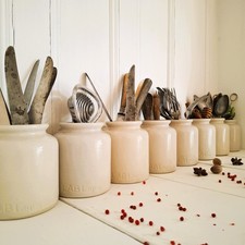 Set of 8 Vintage French LAB Lagny Mustard Pots – Rustic Stoneware Crocks Jars