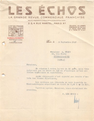 Facture 1927 les echos - ,
