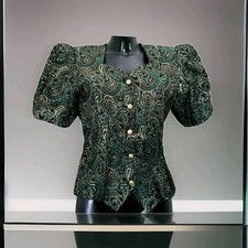 Vintage ma-sai Unlined Veste Vert Or Lurex 80s Pure Court Manche Ballon uk14