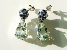 TRES BELLES BOUCLES D'OREILLES en ARGENT Rhodié avec SAPHIR et AIGUE-MARINE