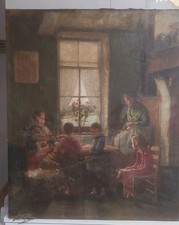 Grand Tableau Ancien École Belge Hollandaise? Scene d'intérieur Huile Sur Toile 