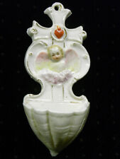 ANCIEN BENITIER PORCELAINE BISCUIT CROIX ANGELOT POLYCHROME