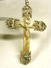 ?? ANCIEN BIJOUX PENDENTIF CROIX CRUCIFIX ARGENT MASSIF BAKELITE NACRE JEWELS