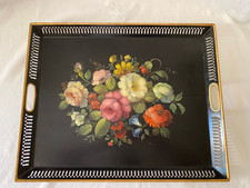 Magnifique Plateau en Tôle/ Galerie ajourée/Décor Peint  Fleurs/ Style Nap III
