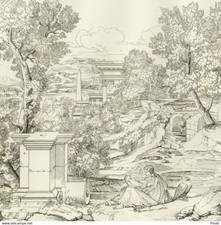 Nicolas Poussin Paysage Ruines Piédestal Aigle - Gravure originale XIXe