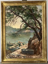 Ancienne huile Paysage postimpressionniste Bretagne Pays-Basque Retour de pêche