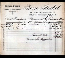 PARIS (X°) TANNERIE / CUIRS pour SELLIER "Pierre RACHEL" Facture en 1899