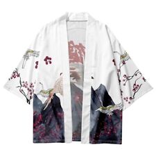 Hommes Japonais Kimono Extérieur Ample Yukata Peignoir Cardigan Crane Motif Haut