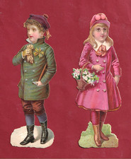 2 Très Rare Grand Chromo Decoupis Hiver Promenade De Couple De Magnifiques Bébés