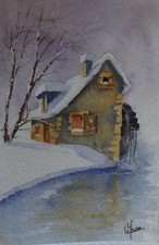 Petite aquarelle originale signée  pour noël ou bonne année "Manteau blanc"