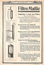 PARIS FBG POISSONNIERE " FILTRE PASTEURISATEUR MALLIé " PUBLICITE 1912